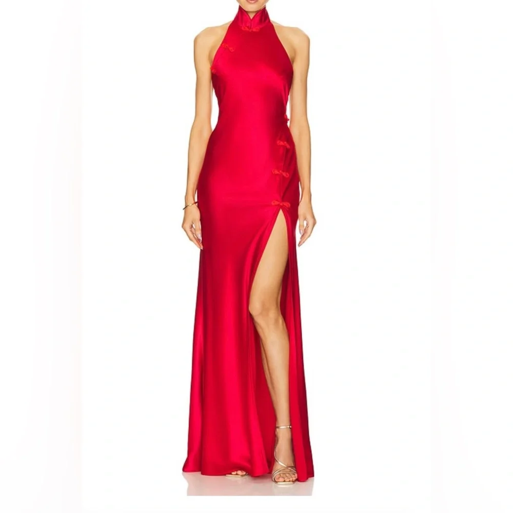 Elegant Terracotta Satin High Neck Sleeveless Gown. - Picture 7 of 9